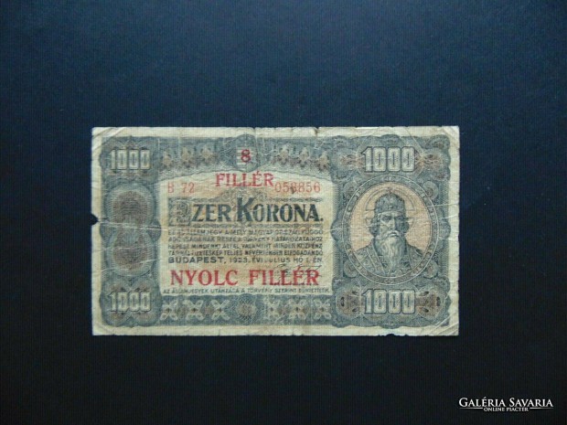 1000 korona 1923 8 fillr Fellblyegzs