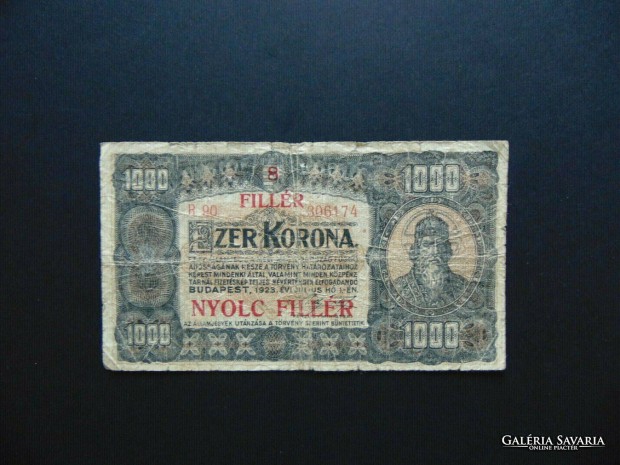 1000 korona 1923 B 90 8 fillr Fellblyegzs !
