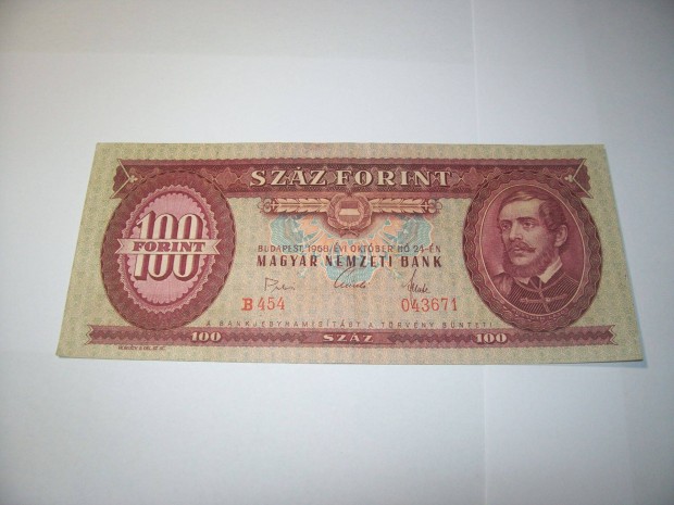 100 forintos 1968 évjáratú. B454. Nagy aláírás. KOSSUTH Lajos. Kép sze
