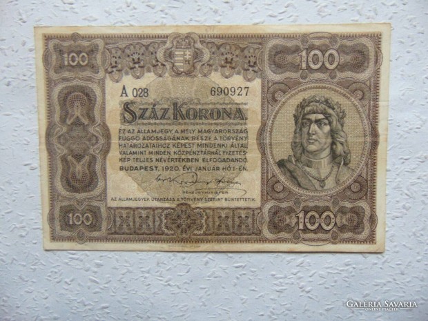 100 korona 1920 Fekete SOR s Sorozatszm ! RR Kp szerint