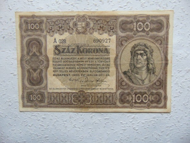 100 korona 1920 Fekete SOR s Sorozatszm !!! RR