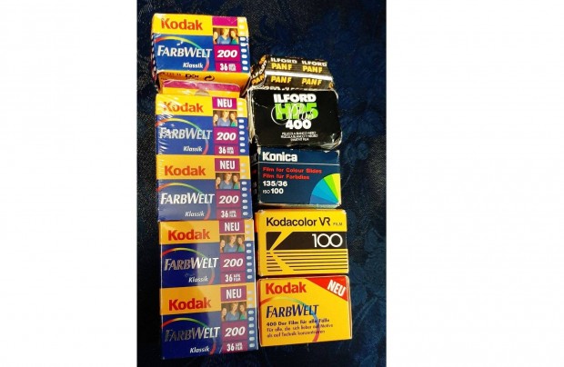 10 db Kodak, Ilford, Konica 35 mm film, negatv 20 000 Ft
