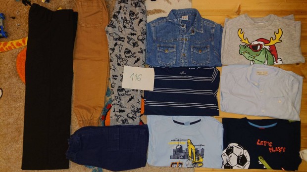 116-os kisfiú ruhacsomag, 10 db: póló, pulóver, nadrág, short