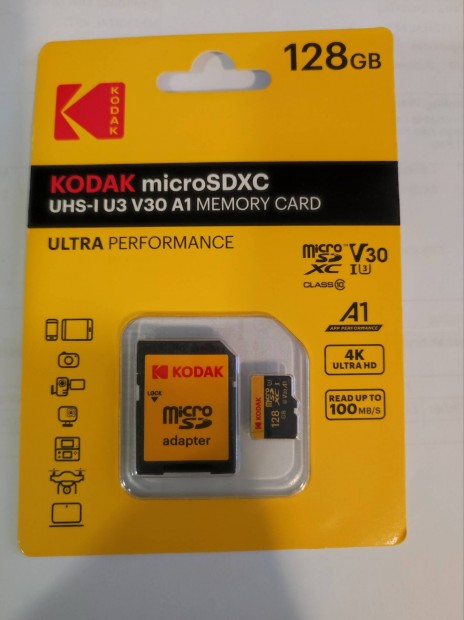 128GB Kodak memóriakártya Microsdxc V30 U3 Class 10 új