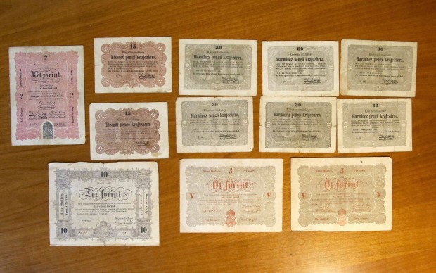12 darab Kossuth bank 1848-49 10 s 5 s 2 Forint 15 s 30 krajcr