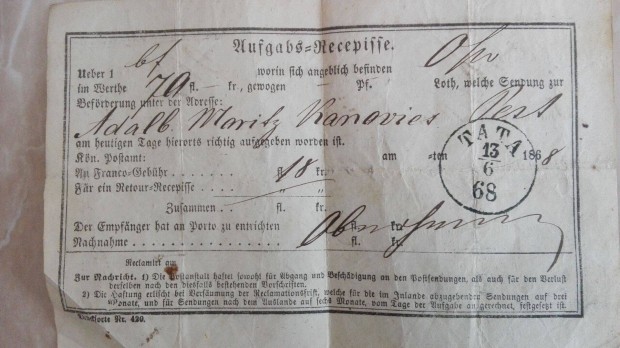 1868-as Tatai pnzfeladsi szelvny ritka postatrtneti db