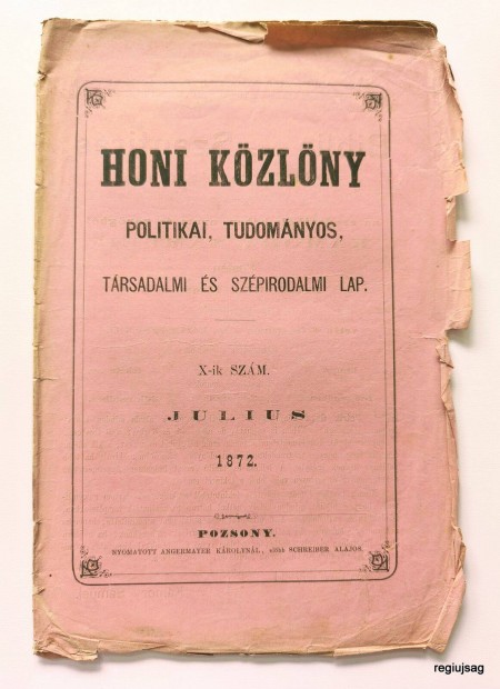 1872 / Honi Kzlny / jsg - Magyar / Ssz.: 27839