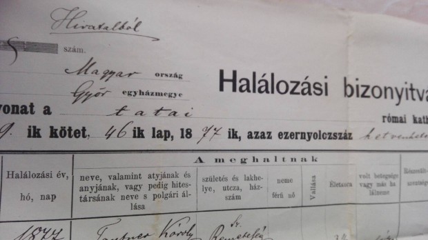 1877-es Tatai Rmai Katolikus Plbnia Halotti bizonytvnya