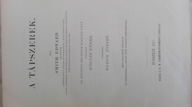 1877-es "A Tpszerek" Smith Edward rta ritka kiads Orvosi an