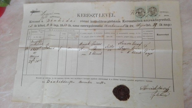 1878-as Bnhidai keresztlevl Ritka dokumentum