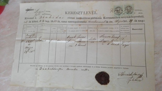 1878-as ritka dokumentum Bnhidai keresztlevl