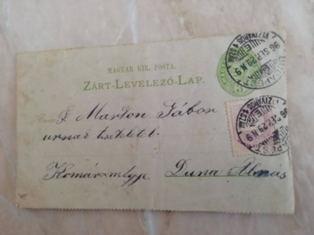 1896-os levelezlap Budapestrl Dunaalmsra cmezve