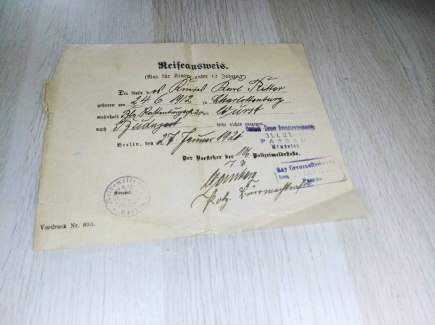 1921-es német úti engedély gyermek részére BerlinBudapest útvonal