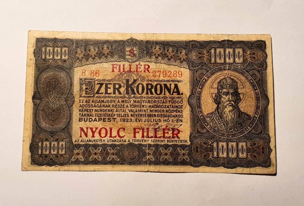 1923 Ezer Korona nyolc fillr fell blyegzssel. Ritka!