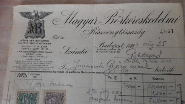 1923-as Magyar Brkereskedelmi Rszvnytrsasg szmlja