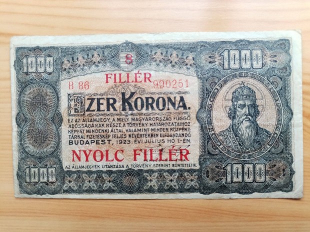 1923-as Papr 1000 Korona 8 fillr fellblyegzssel ritka db