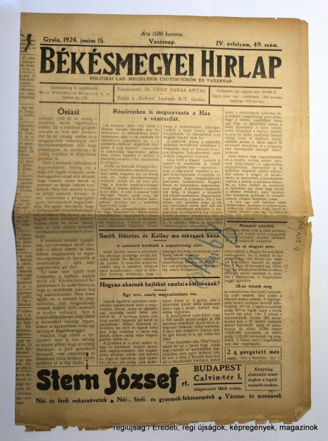 1924 jnius 15 / Bksmegyei Hirlap / jsg - Magyar