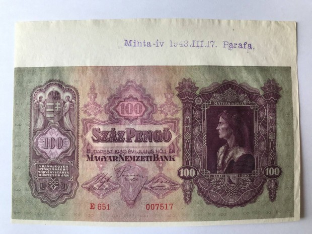 1930-as 100 peng vszles Minta v darab Parafa
