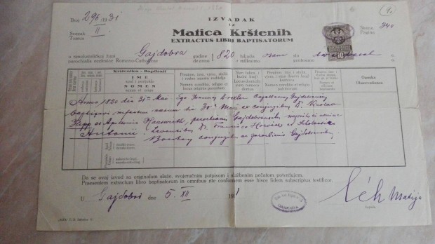 1931-es Szerb Kirlysgbeli keresztlevl
