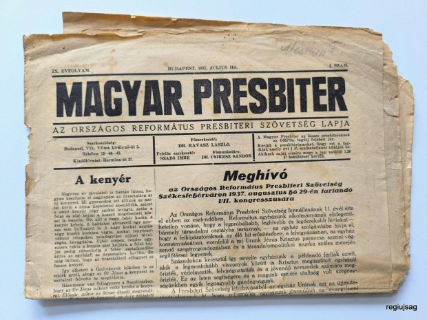 1937 jlius / Magyar Presbiter / jsg - Magyar / Ssz.: 27554