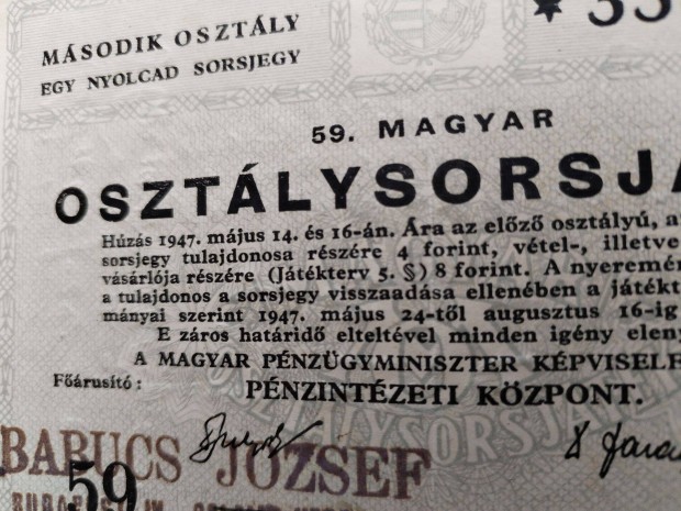 1947-es Osztálysorsjáték szép állapotban