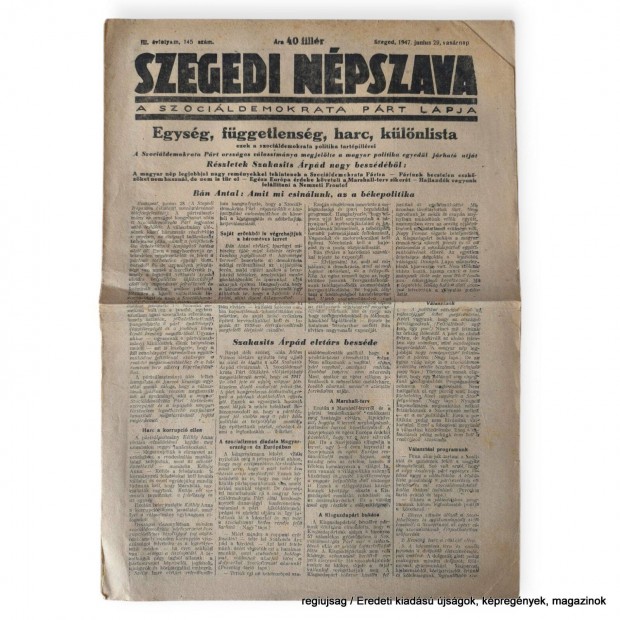 1947 jnius 29 / Szegedi Npszava / Eredeti kiads jsg