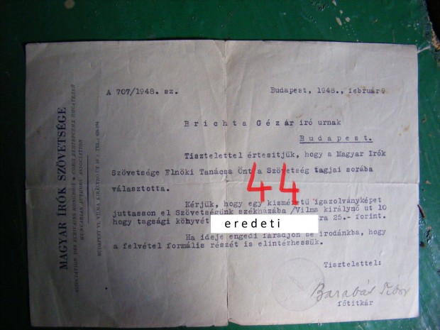 1948.r szvetsg elnknek levele Brichta Gza rhoz