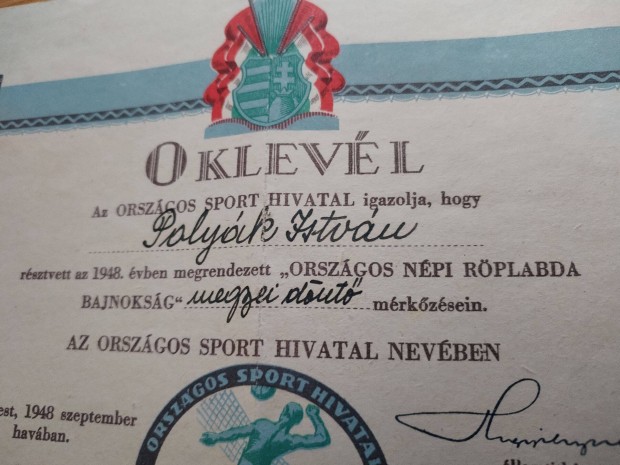 1948-as Sport Oklevl ritka db