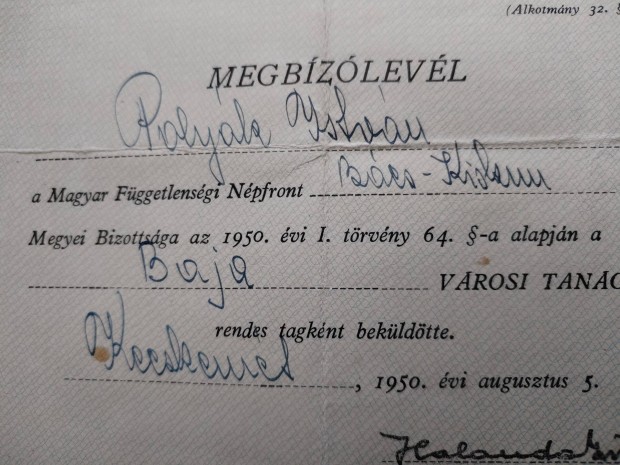 1950-es Bajai Vlasztsi Megbzlevl ritka db