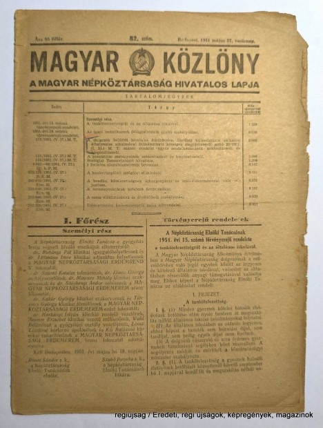 1951 mjus 27 / Magya Kzlny / Szletsnapok lapjai Ssz.: 29241