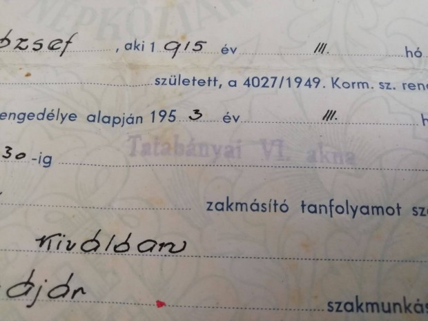 1953-as Tatabnyai bnysz bizonytvny / Palatin /