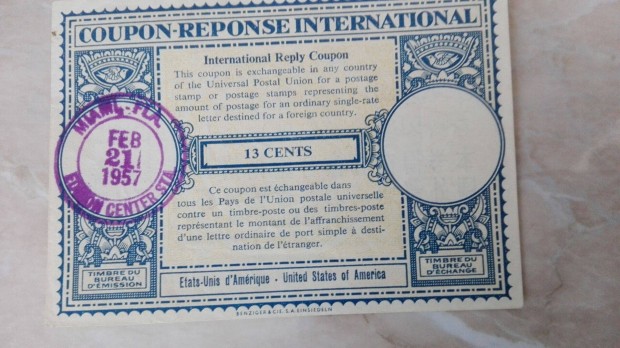 1957-es USA 13 cent Nemzetkzi coupon jegy Ritka db