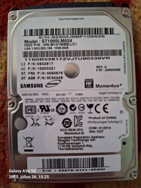 1Tb-os Samsung 2,5 laptop merevlemez elad