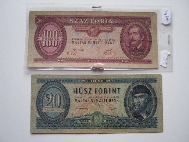 1 db magyar 100 Forint 1949 + 1 db magyar 20 Forint 1949 paprpnz
