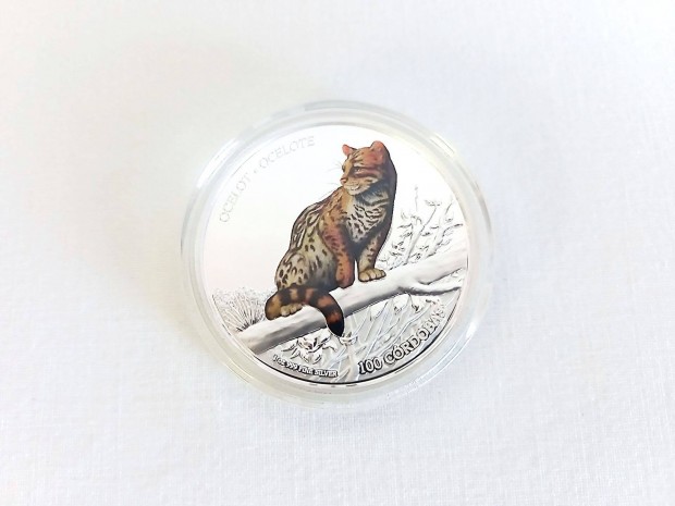 1 uncis ezst rme ocelot mintval, fa dobozban, Nicaragua, 2018