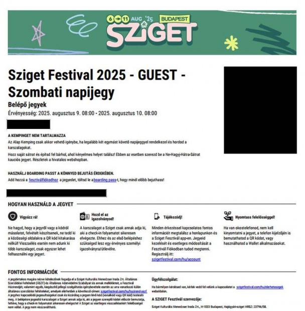 1db Sziget szombati napijegy eladó