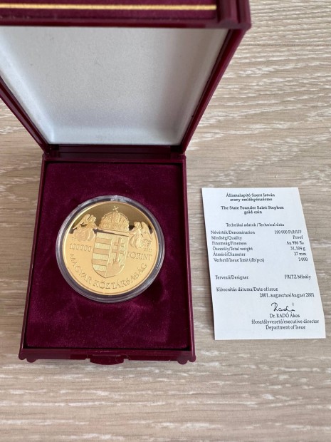 2001 llamalapt Szent Istvn 100 000 forint aranyrme (LIM.:3000 d