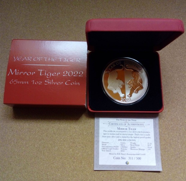 2022-es Tokelau Tigris éve "Mirror Tigers" 1 unciás proof ezüst érme