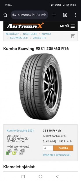 205/60 r16 Kumho, jó állapotú nyári Garnitura