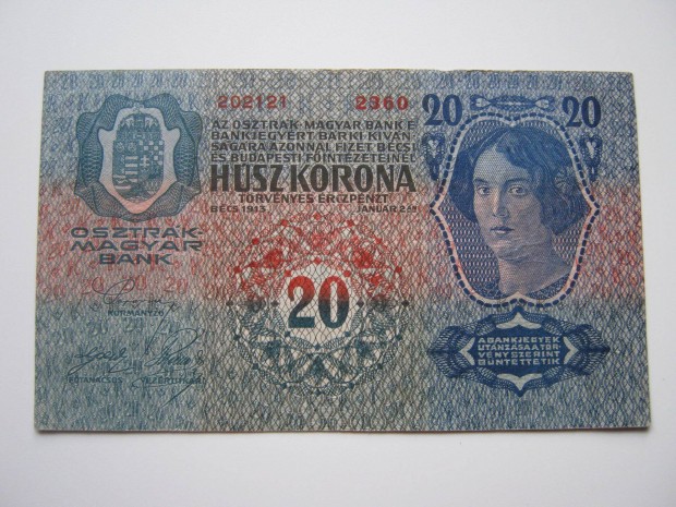 20 Korona 1913 I. kiads blyegzs nlkli paprpnz, bankjegy