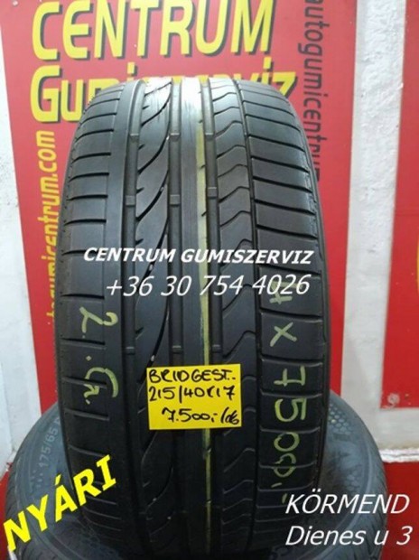 215/40r17 használt nyári gumi Bridgestone 2.gar 7.500 Ft