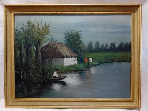 2502/36 Hangulatos tájkép festmény parasztházzal és horgásszal