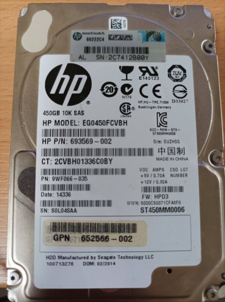 2 Db HP Szerver HDD 450Gb 2,5"
