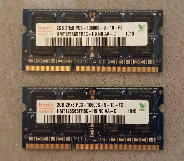 2 GB Hynix 1333 MHz DDR3 laptop RAM, 2 db prban 2k-rt