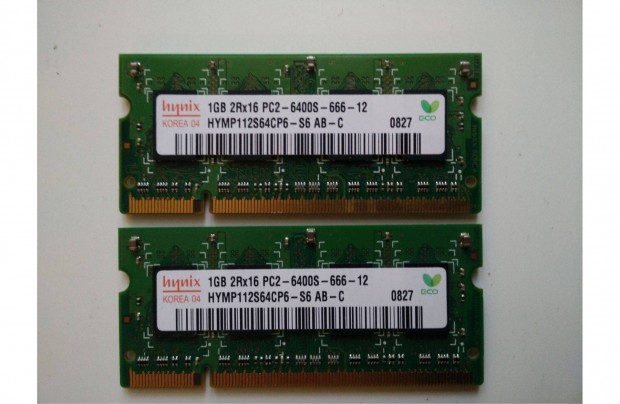 2 db 1 GB Hynix 800 MHz PC2-6400S DDR2 tesztelt laptop memória egyben
