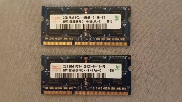 2 db 2 GB Hynix 1333 MHz DDR3 laptop RAM, prban 2k-rt