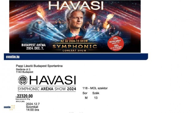 2 db Koncert jegy Havasi Symphonic Arna Show