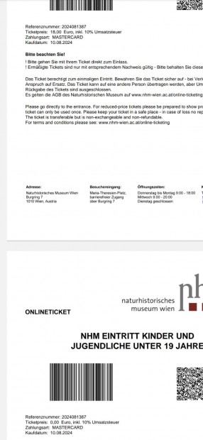 2db Bécsi Természettudományi Múzeum belépő