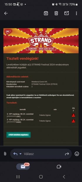 2db Strand Fesztivl VIP napijegy 08.24-re elad: