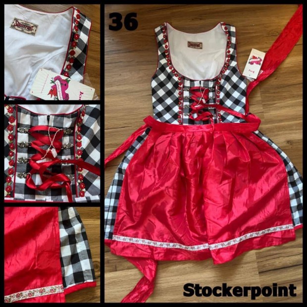 36-os fekete kocks-piros Dirndl ruha /j/